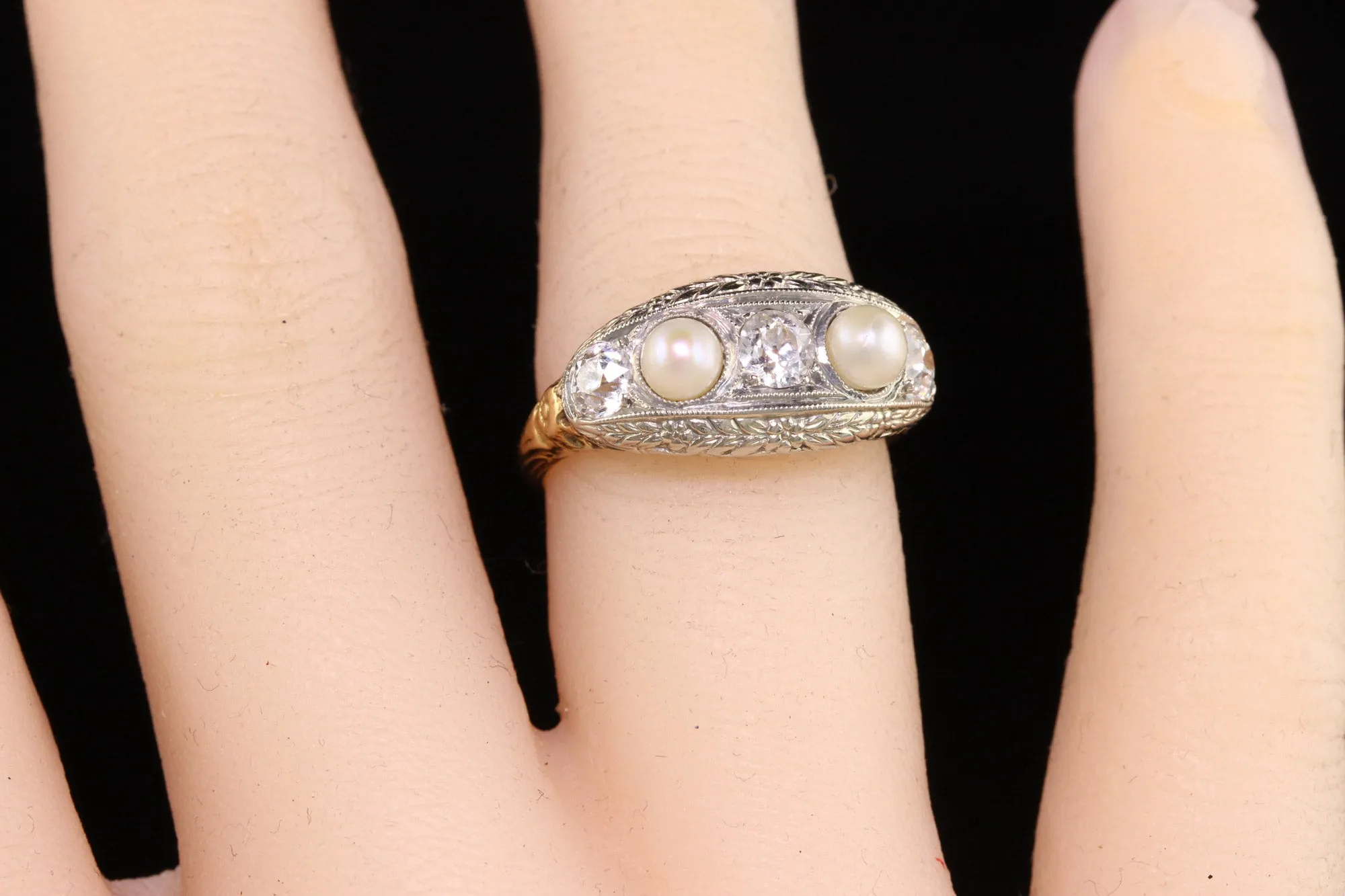 Antique Art Deco 18K White Gold & 14K Yellow Gold Diamond Natural Pearl Five Stone Band Ring