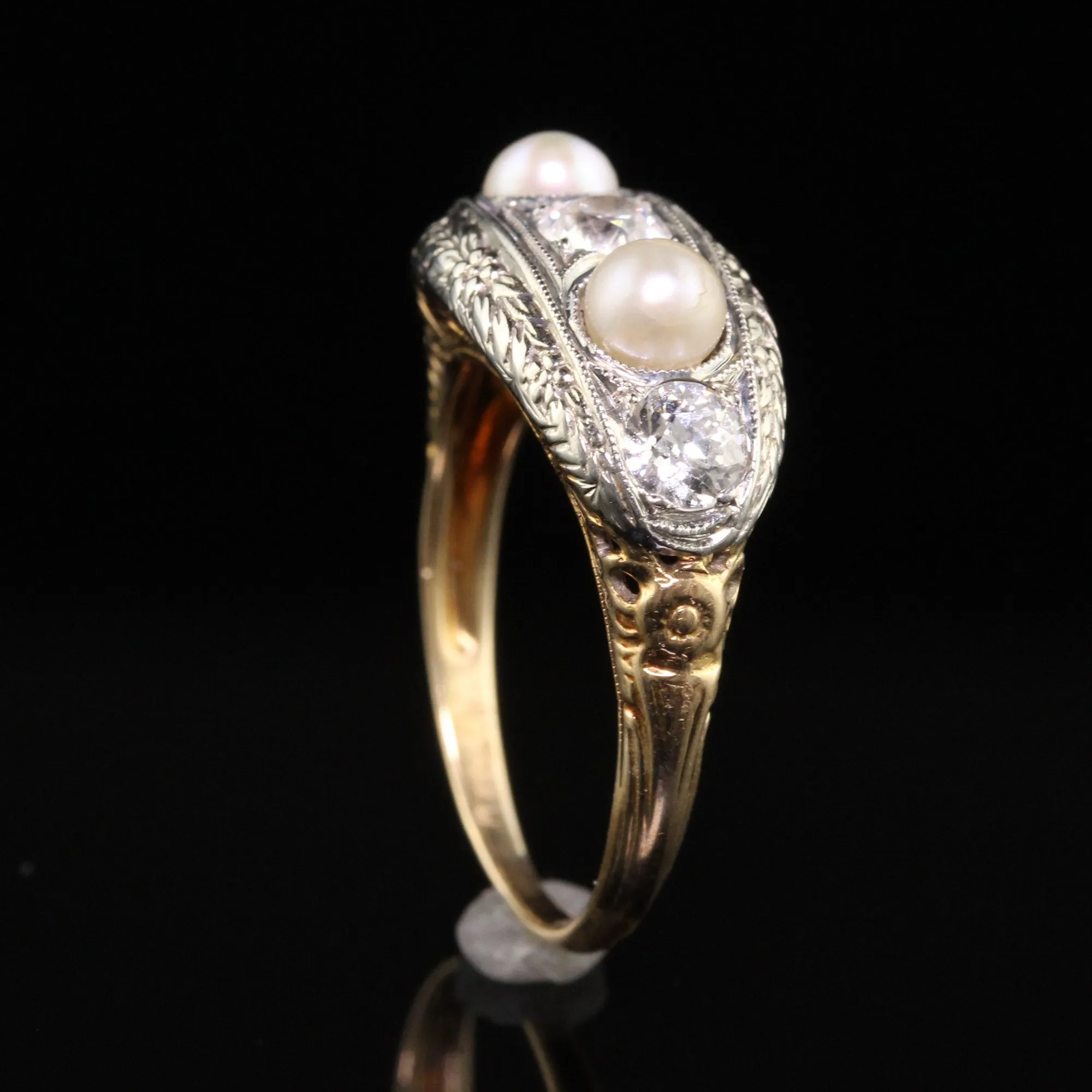 Antique Art Deco 18K White Gold & 14K Yellow Gold Diamond Natural Pearl Five Stone Band Ring