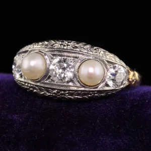 Antique Art Deco 18K White Gold & 14K Yellow Gold Diamond Natural Pearl Five Stone Band Ring