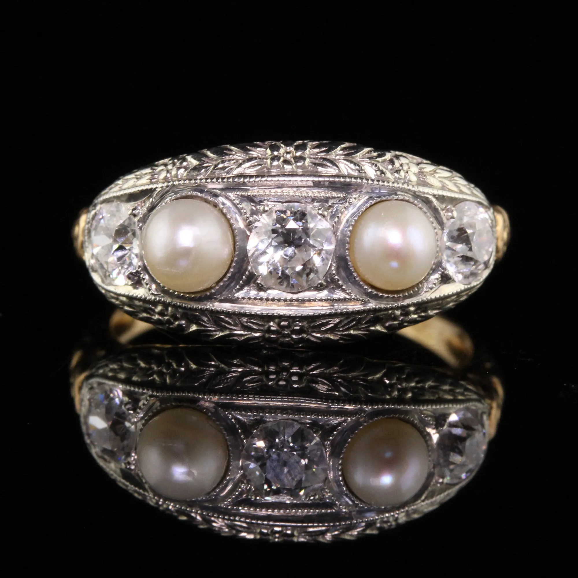 Antique Art Deco 18K White Gold & 14K Yellow Gold Diamond Natural Pearl Five Stone Band Ring