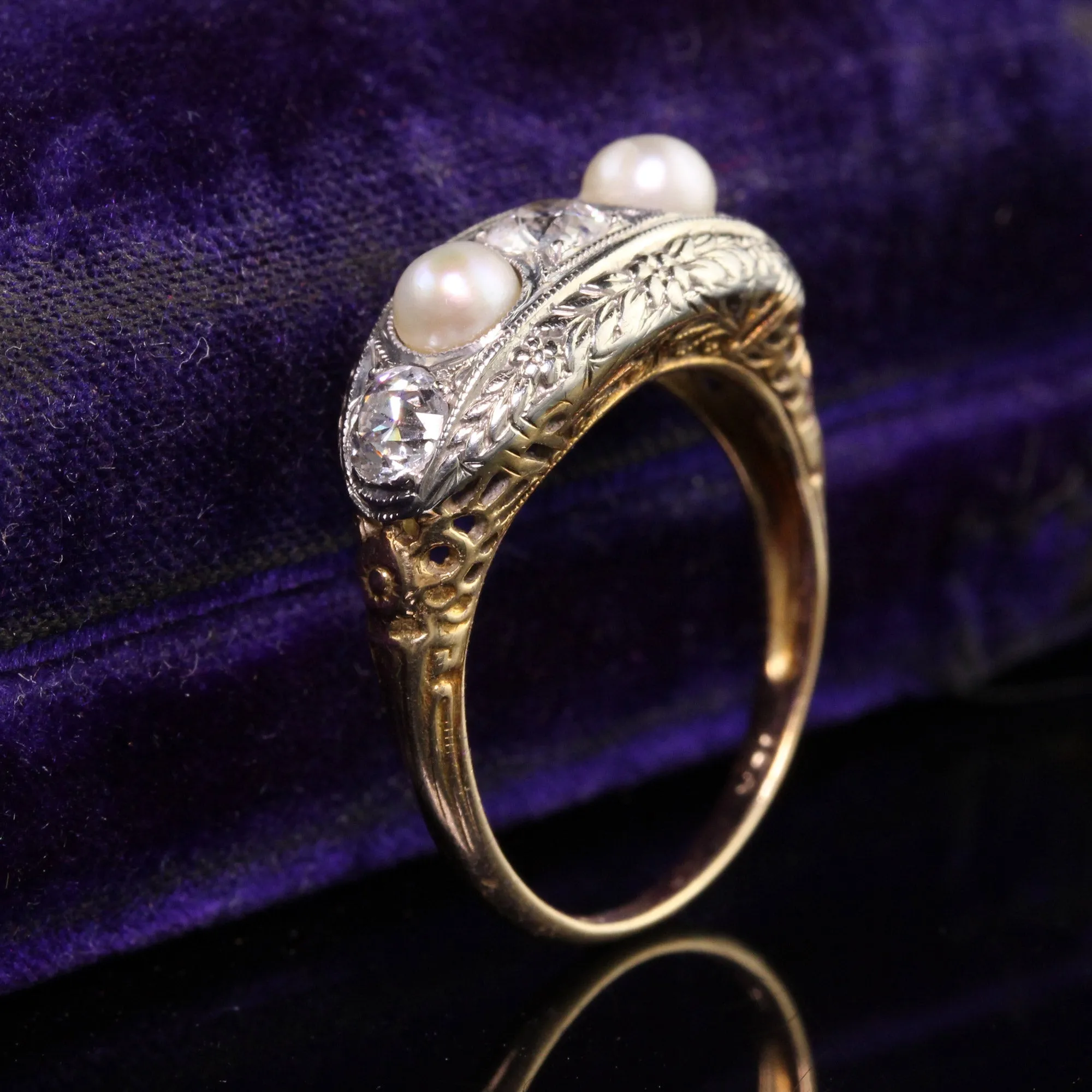 Antique Art Deco 18K White Gold & 14K Yellow Gold Diamond Natural Pearl Five Stone Band Ring