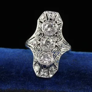 Antique Art Deco Platinum Old Euro Diamond and Filigree Shield Ring