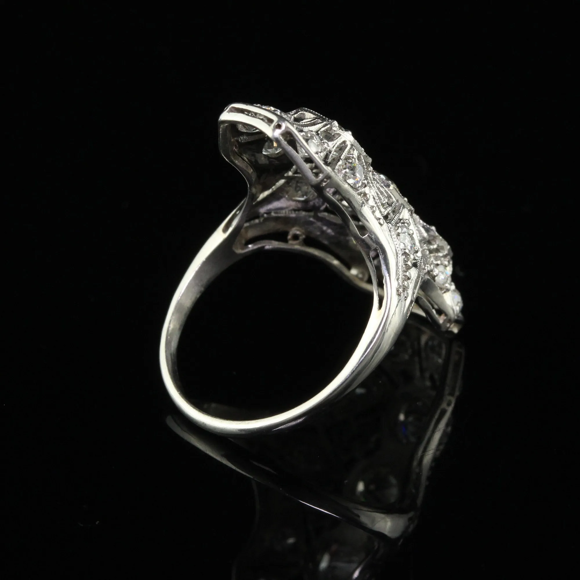 Antique Art Deco Platinum Old Euro Diamond and Filigree Shield Ring