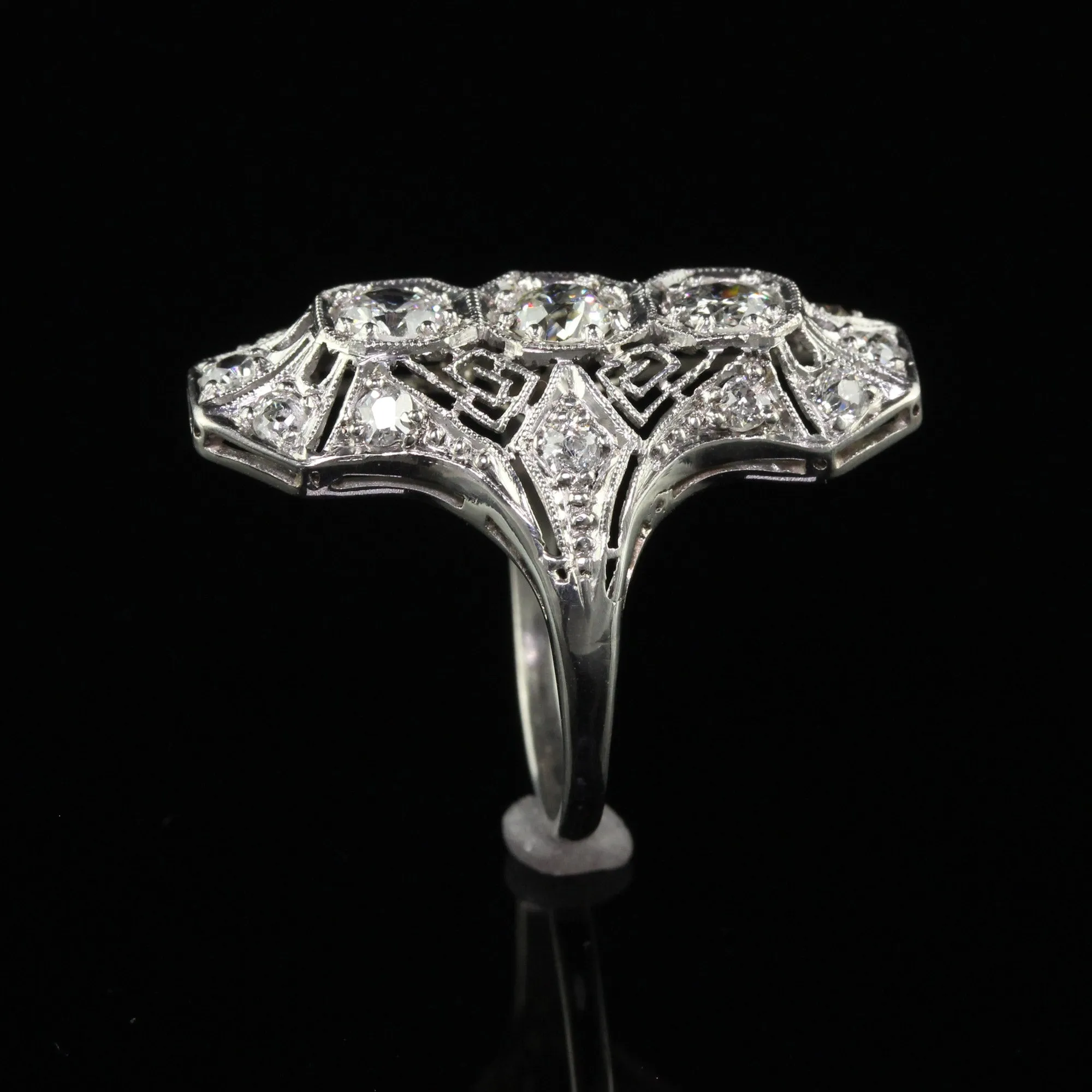 Antique Art Deco Platinum Old Euro Diamond and Filigree Shield Ring