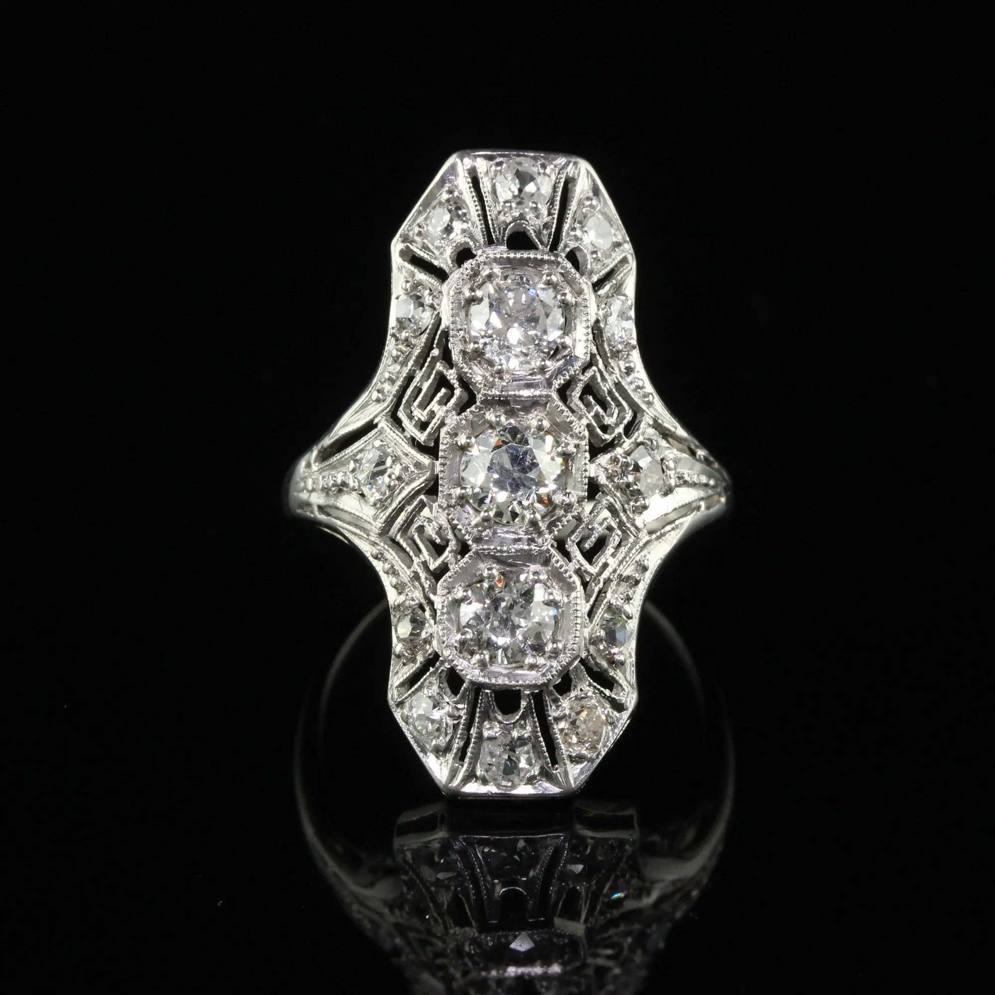 Antique Art Deco Platinum Old Euro Diamond and Filigree Shield Ring