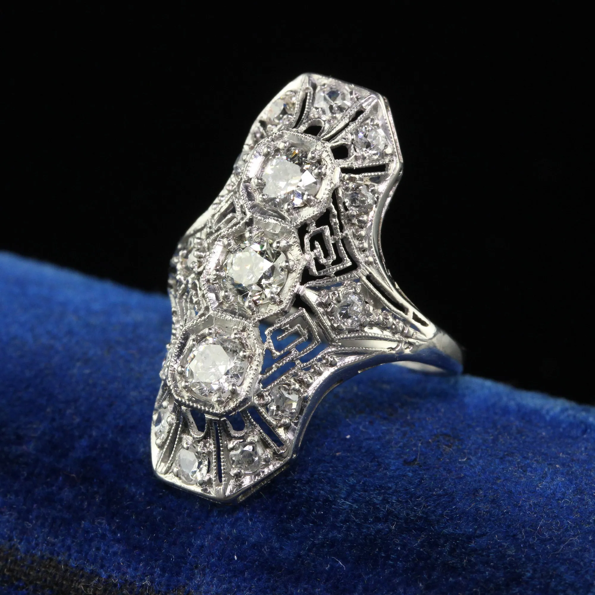 Antique Art Deco Platinum Old Euro Diamond and Filigree Shield Ring