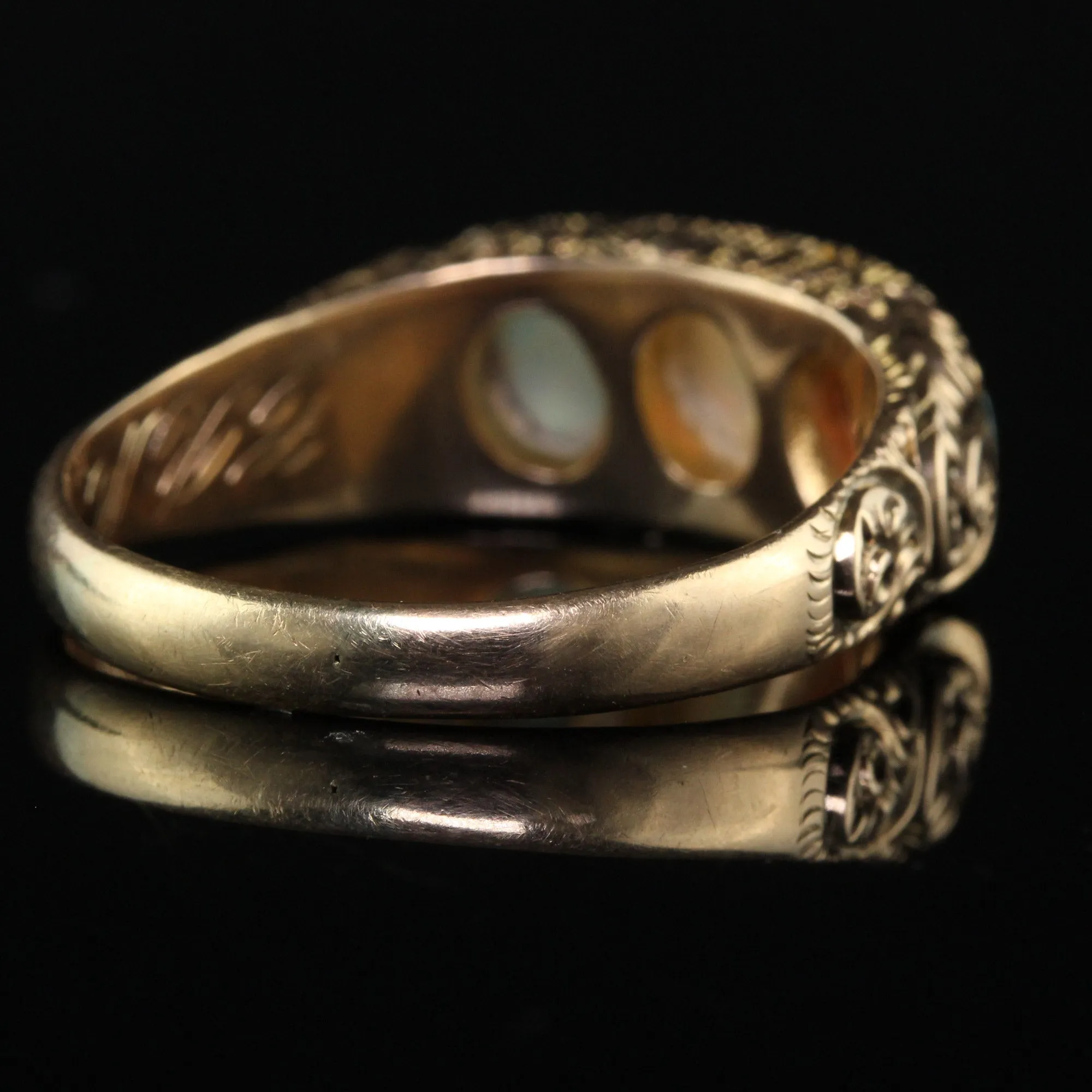 Antique Victorian 12K Yellow Gold Three Stone Opal Engraved Cocktail Ring