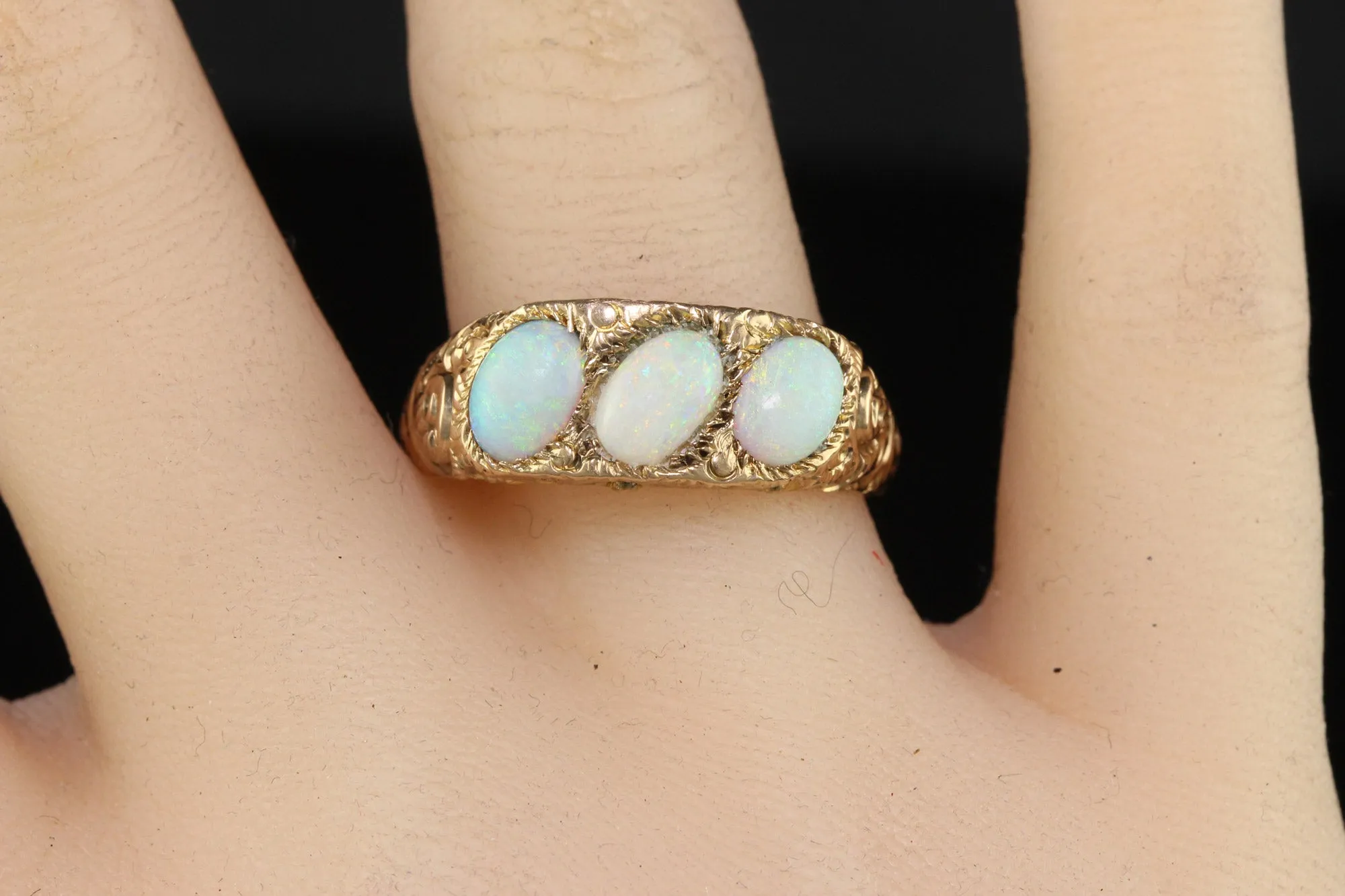 Antique Victorian 12K Yellow Gold Three Stone Opal Engraved Cocktail Ring