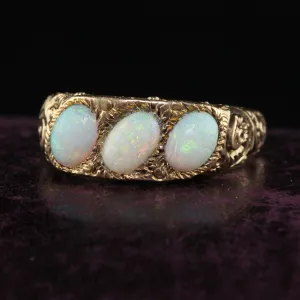 Antique Victorian 12K Yellow Gold Three Stone Opal Engraved Cocktail Ring