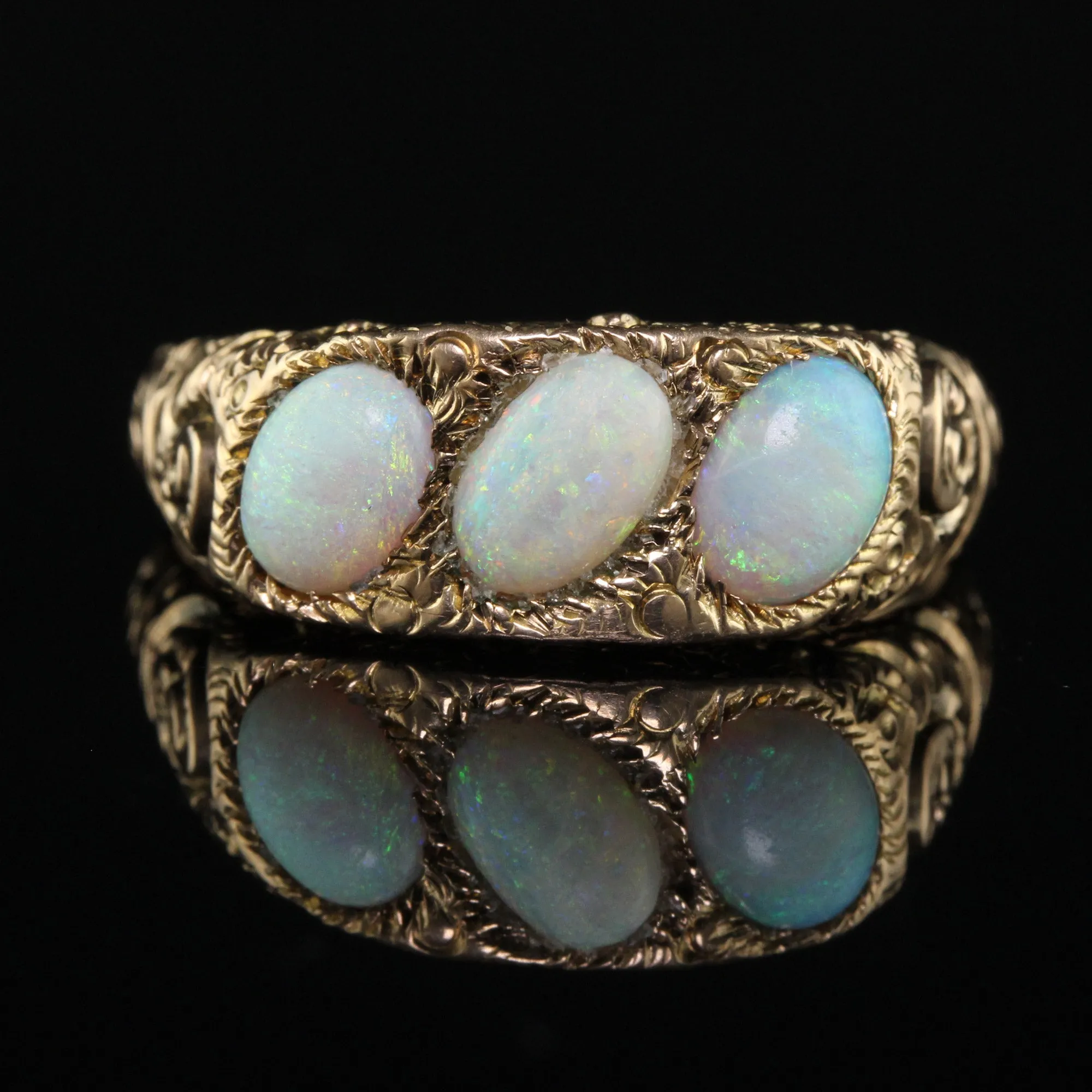 Antique Victorian 12K Yellow Gold Three Stone Opal Engraved Cocktail Ring