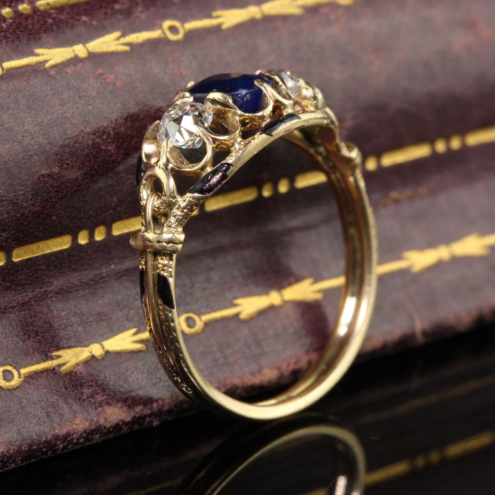 Antique Victorian 14K Yellow Gold Old European Cut Diamond & Sapphire Three Stone Ring - GIA