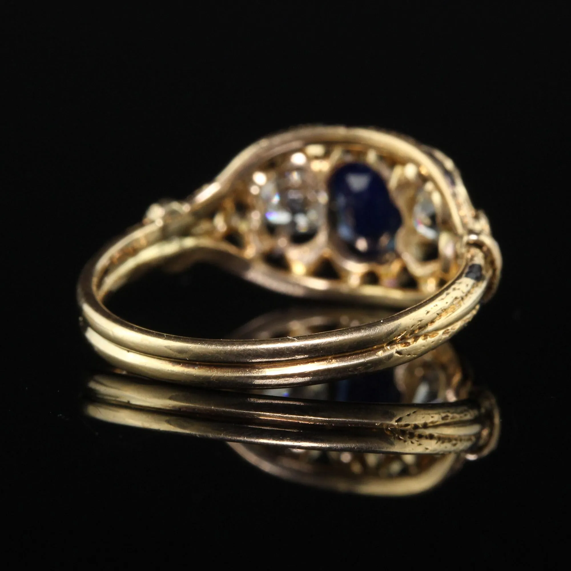 Antique Victorian 14K Yellow Gold Old European Cut Diamond & Sapphire Three Stone Ring - GIA