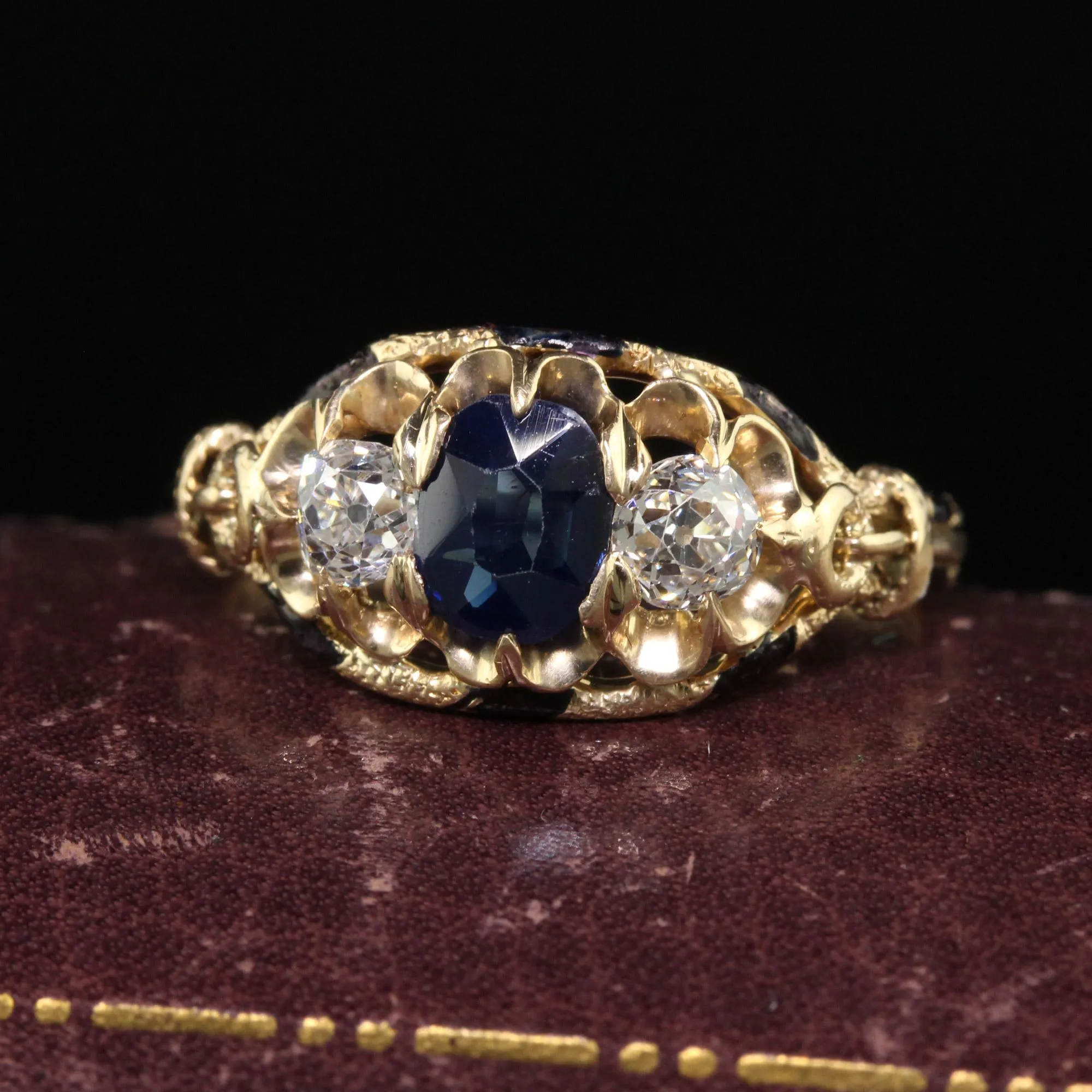Antique Victorian 14K Yellow Gold Old European Cut Diamond & Sapphire Three Stone Ring - GIA
