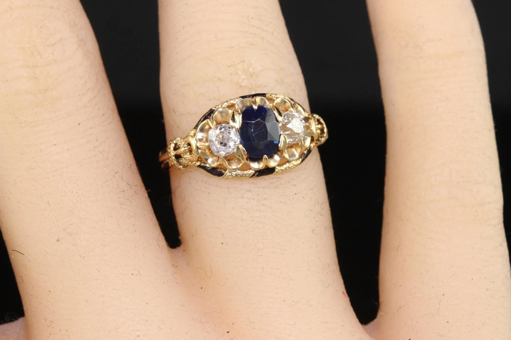 Antique Victorian 14K Yellow Gold Old European Cut Diamond & Sapphire Three Stone Ring - GIA