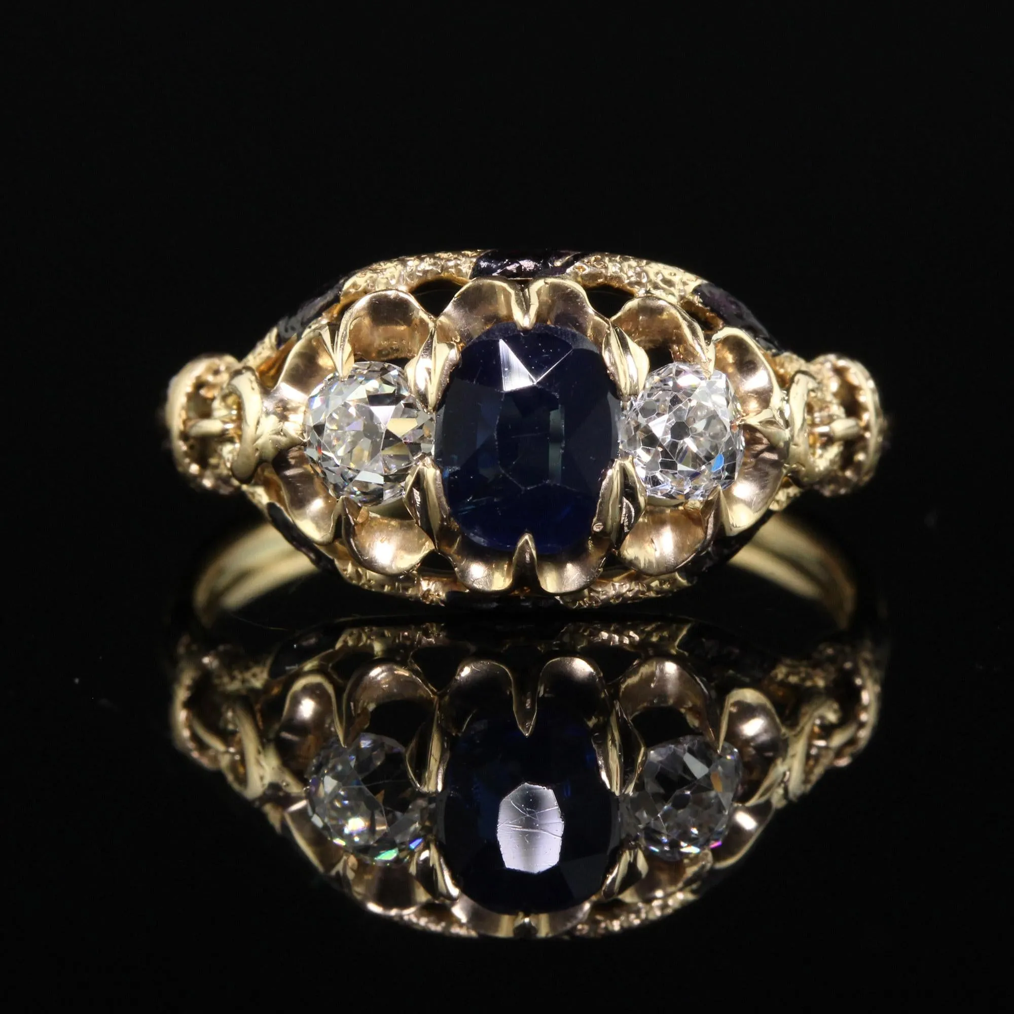 Antique Victorian 14K Yellow Gold Old European Cut Diamond & Sapphire Three Stone Ring - GIA