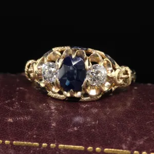 Antique Victorian 14K Yellow Gold Old European Cut Diamond & Sapphire Three Stone Ring - GIA