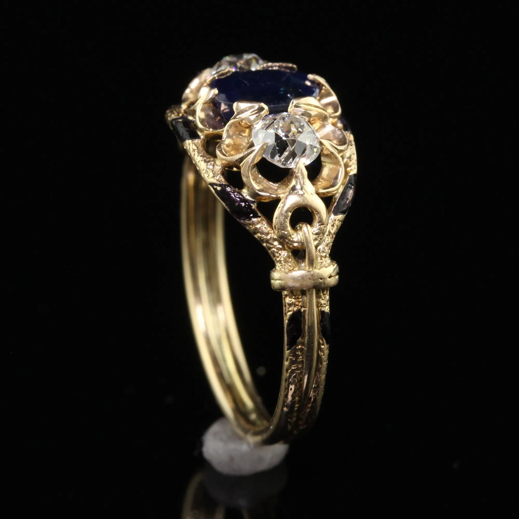 Antique Victorian 14K Yellow Gold Old European Cut Diamond & Sapphire Three Stone Ring - GIA