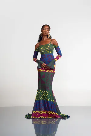 ANU GREEN OFF SHOULDER MAXI MESH DRESS
