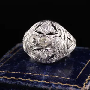 Art Deco Platinum Old Mine Diamond Filigree Cocktail Ring