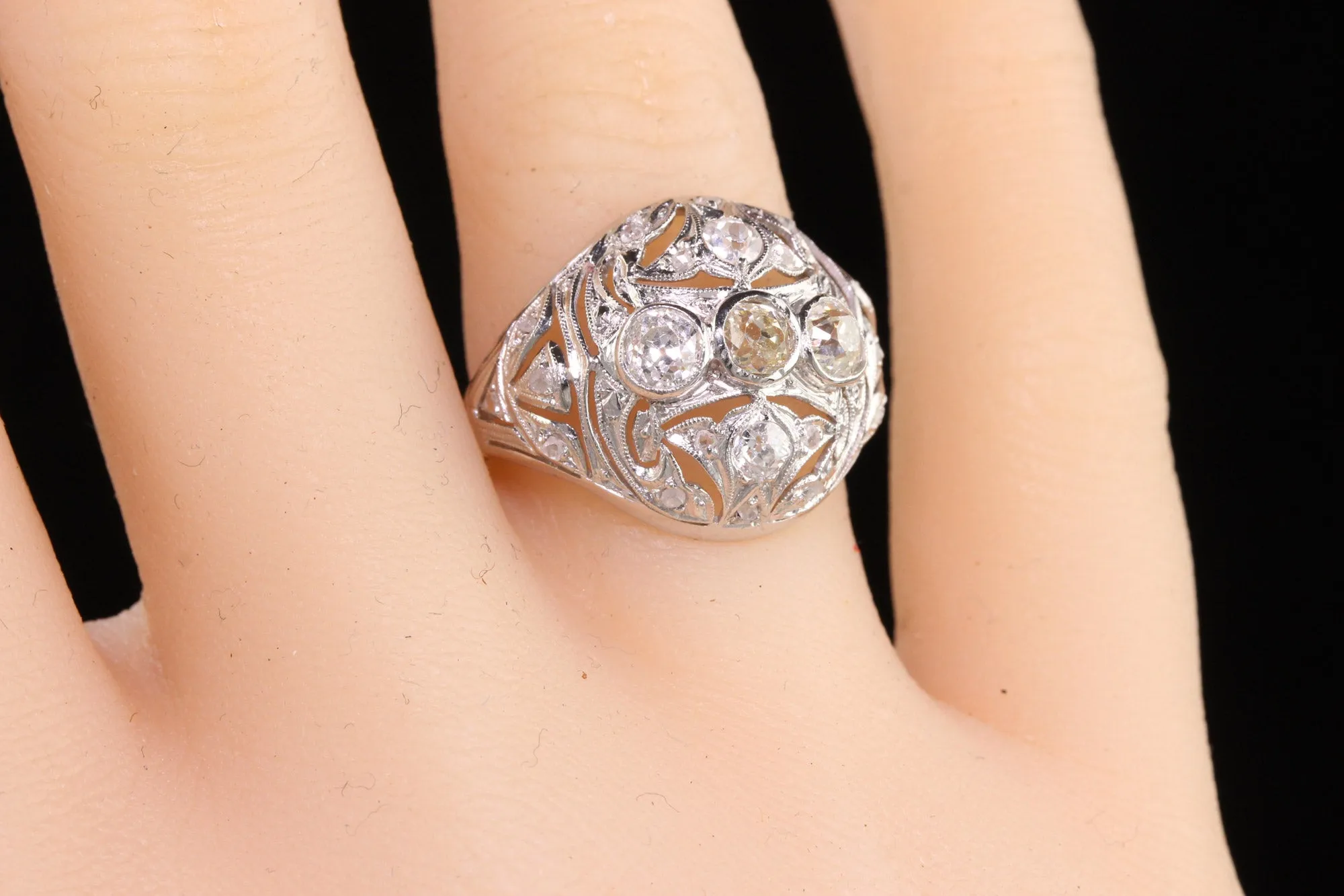 Art Deco Platinum Old Mine Diamond Filigree Cocktail Ring
