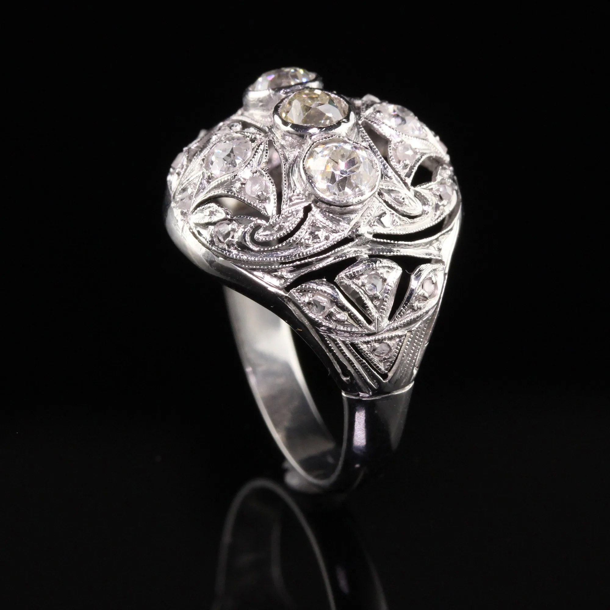 Art Deco Platinum Old Mine Diamond Filigree Cocktail Ring