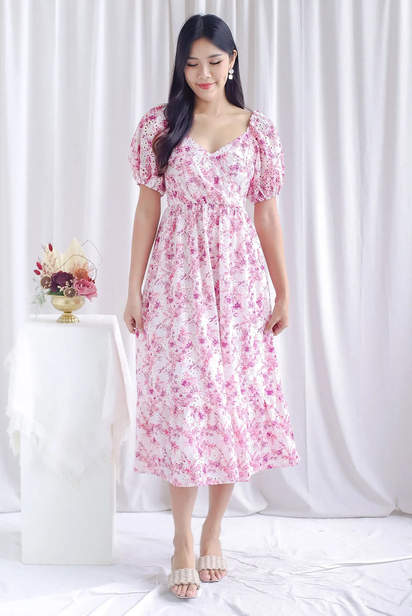 Auden Floral Embro Sleeved Overlap Maxi Dress In Pink