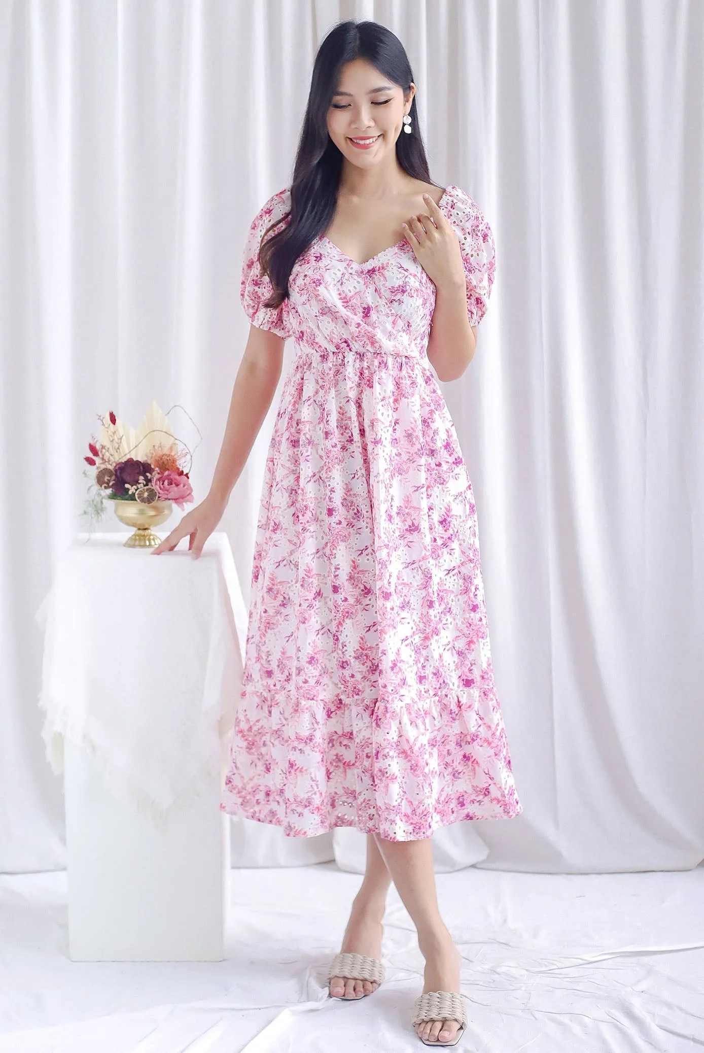 Auden Floral Embro Sleeved Overlap Maxi Dress In Pink
