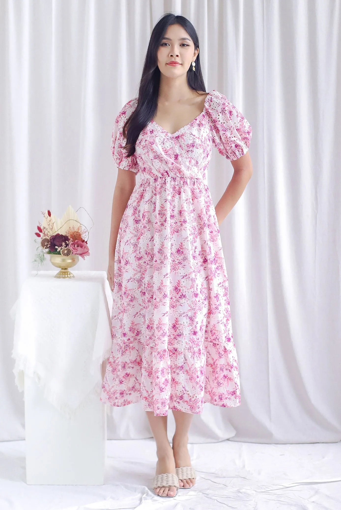 Auden Floral Embro Sleeved Overlap Maxi Dress In Pink