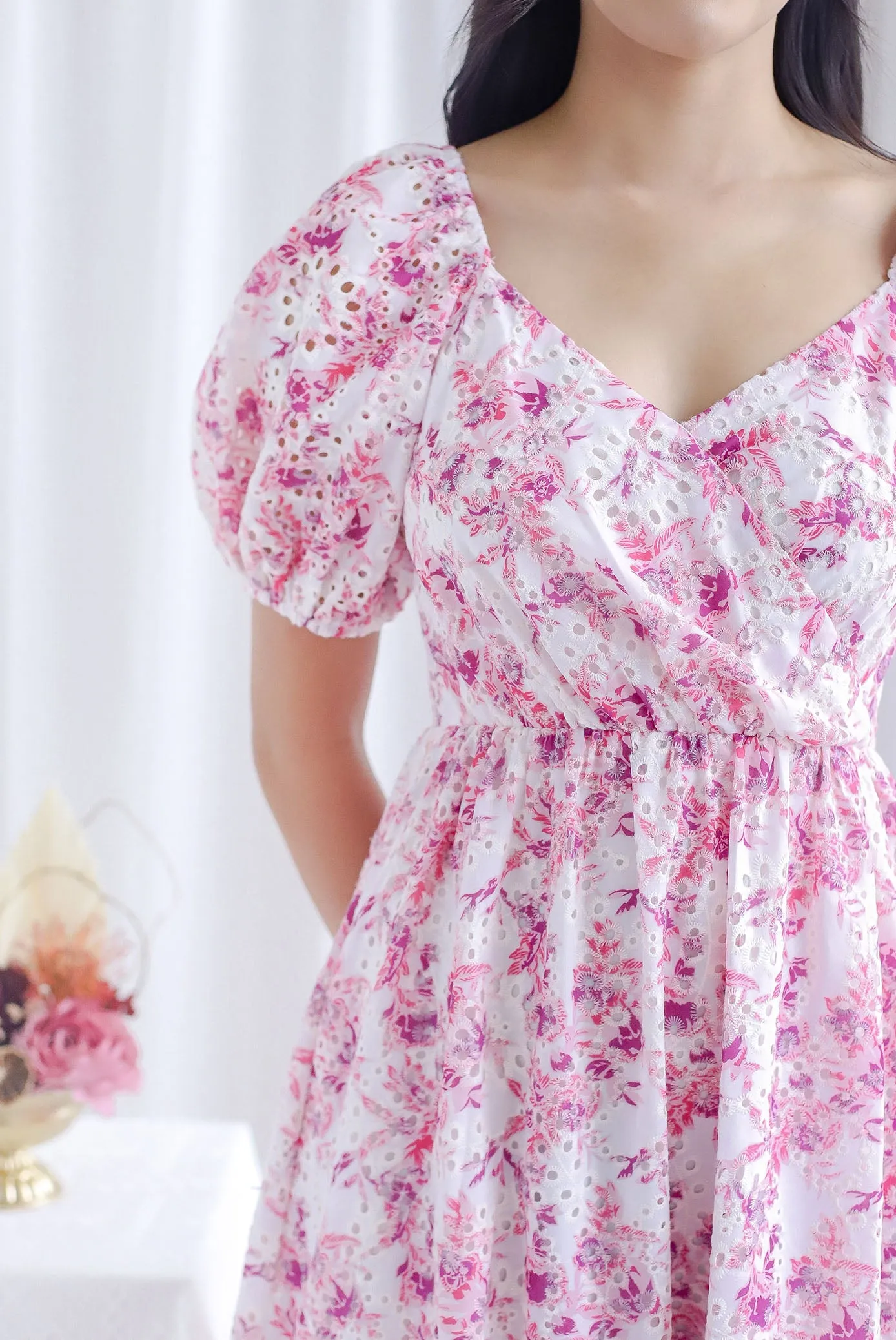 Auden Floral Embro Sleeved Overlap Maxi Dress In Pink
