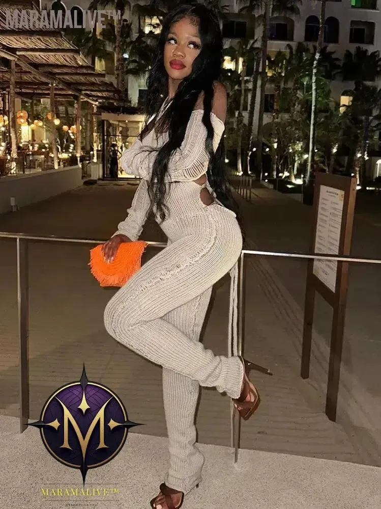Autumn Lady Jumpsuit Sexy Knitted Halter Slash Neck Solid One Piece Attire Girl Lace Up Backless Stacked Pants Hot Overall