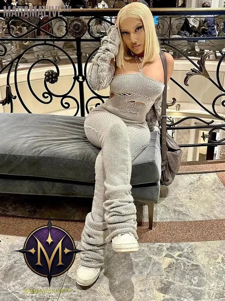 Autumn Lady Jumpsuit Sexy Knitted Halter Slash Neck Solid One Piece Attire Girl Lace Up Backless Stacked Pants Hot Overall