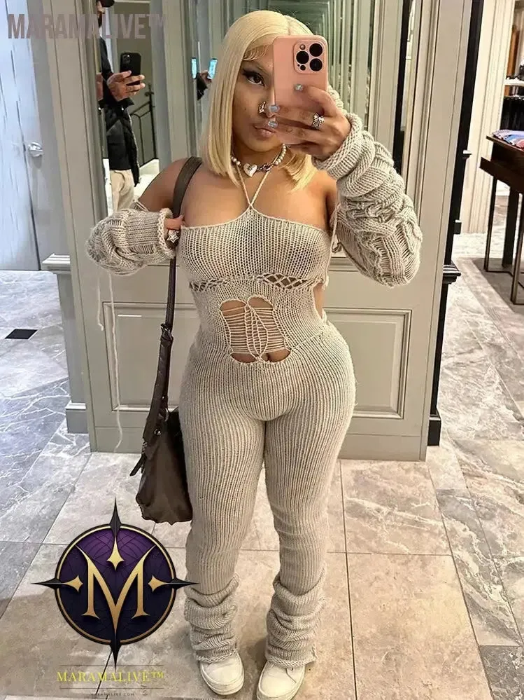 Autumn Lady Jumpsuit Sexy Knitted Halter Slash Neck Solid One Piece Attire Girl Lace Up Backless Stacked Pants Hot Overall