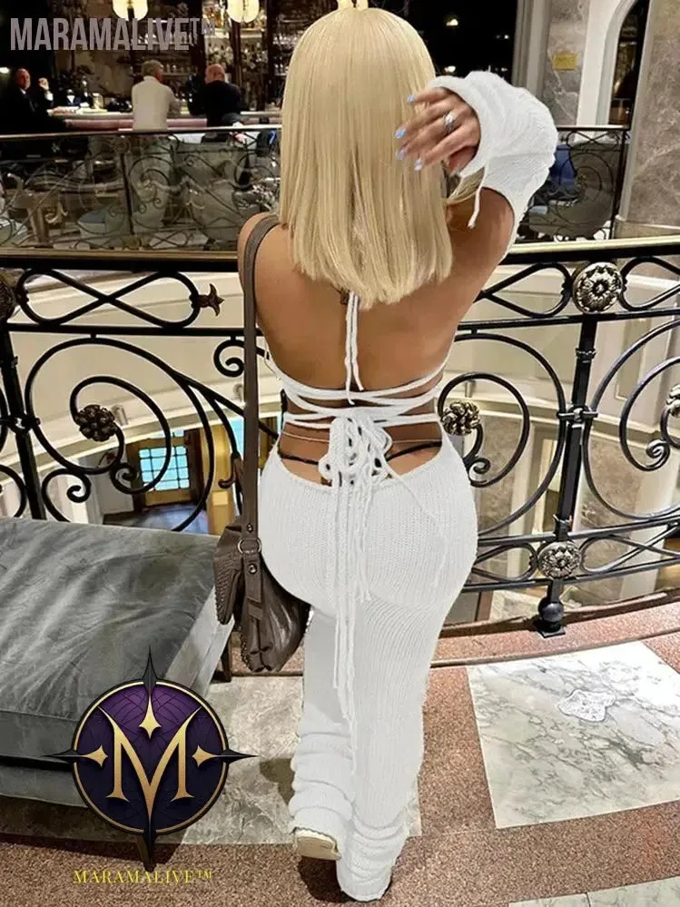 Autumn Lady Jumpsuit Sexy Knitted Halter Slash Neck Solid One Piece Attire Girl Lace Up Backless Stacked Pants Hot Overall