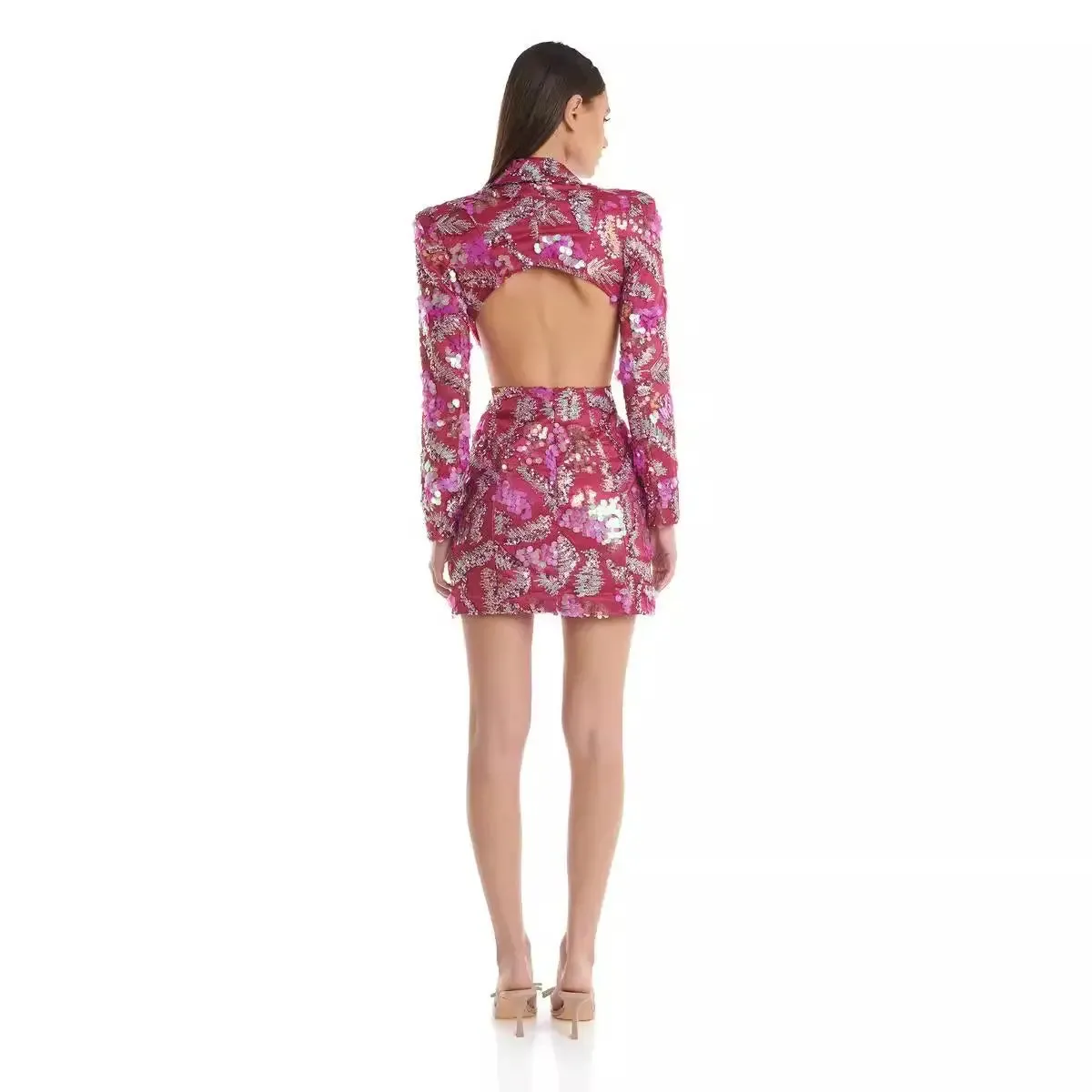 Backless Sequined Suit Jacket - Mid-Length Party Blazer