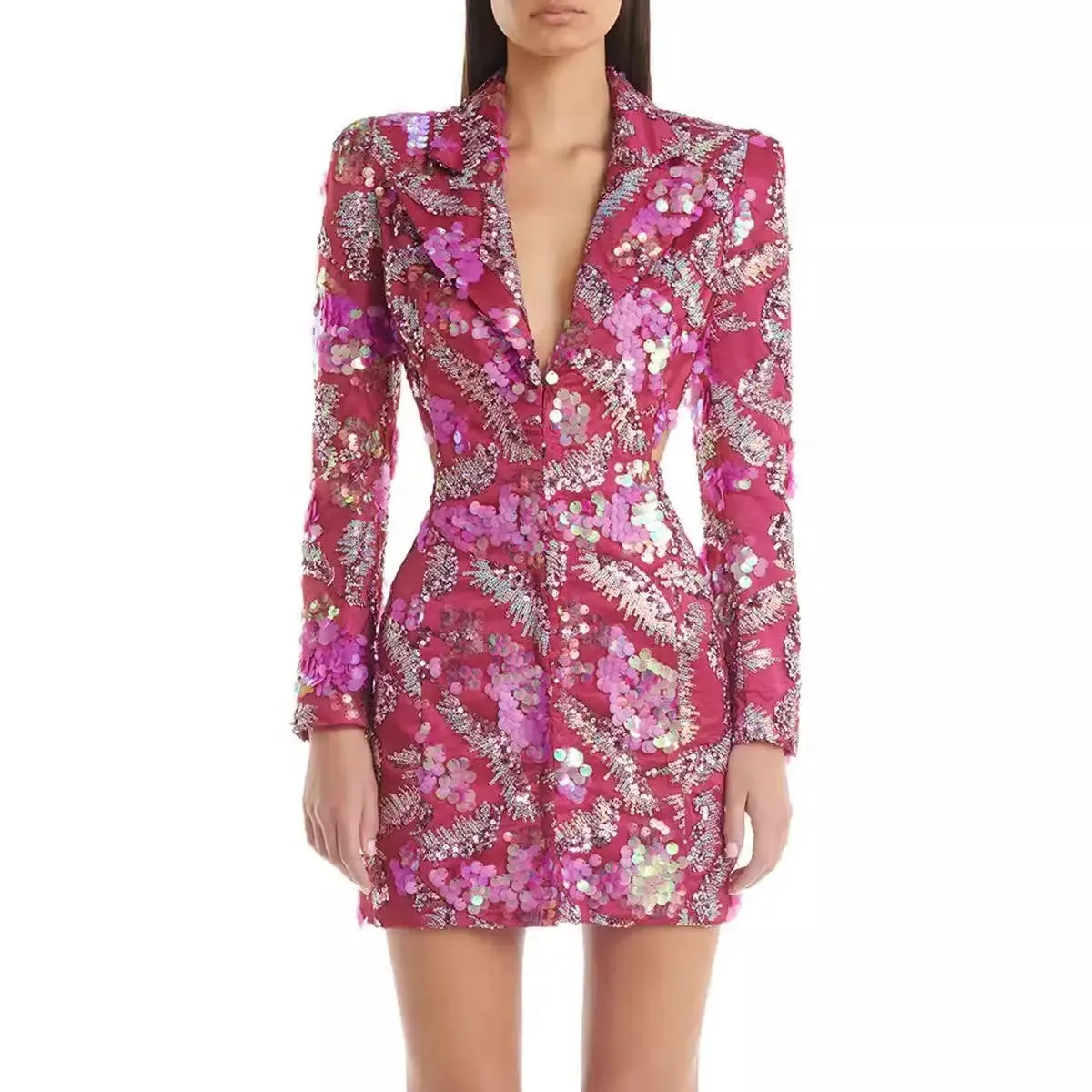 Backless Sequined Suit Jacket - Mid-Length Party Blazer