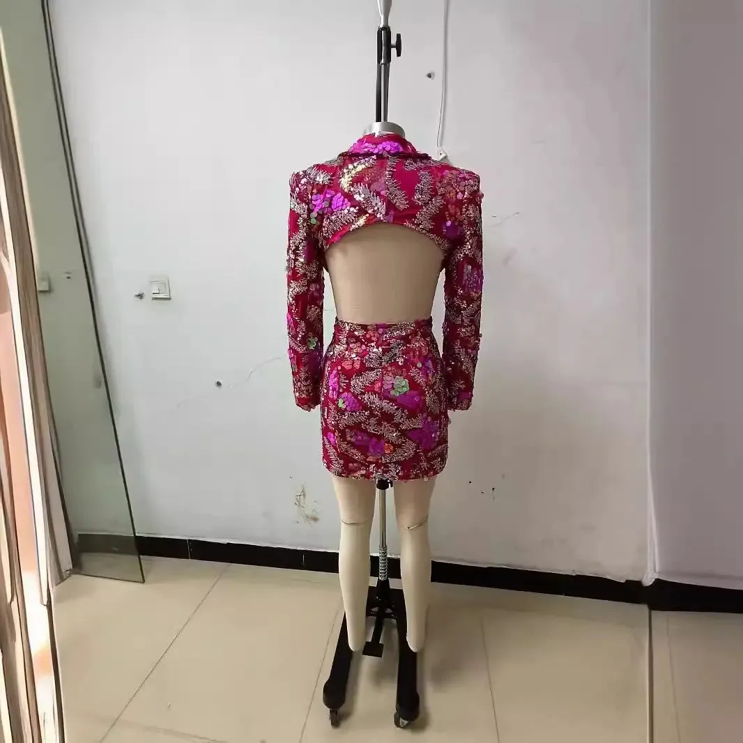 Backless Sequined Suit Jacket - Mid-Length Party Blazer
