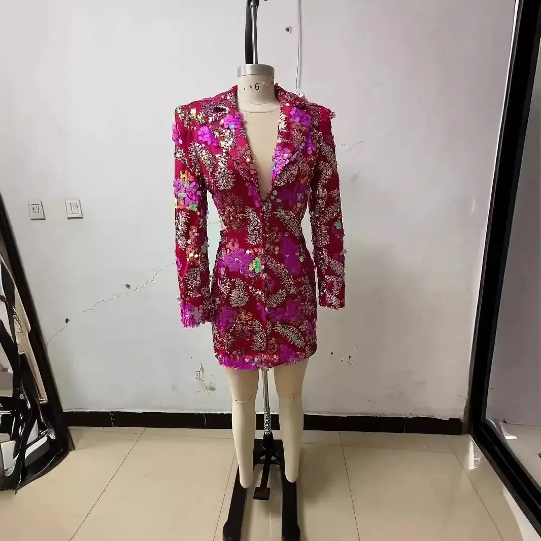 Backless Sequined Suit Jacket - Mid-Length Party Blazer