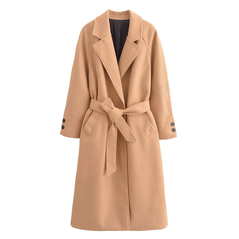 Belted Solid Color Coat for Women – Autumn/Winter Long Sleeve Lapel Coat