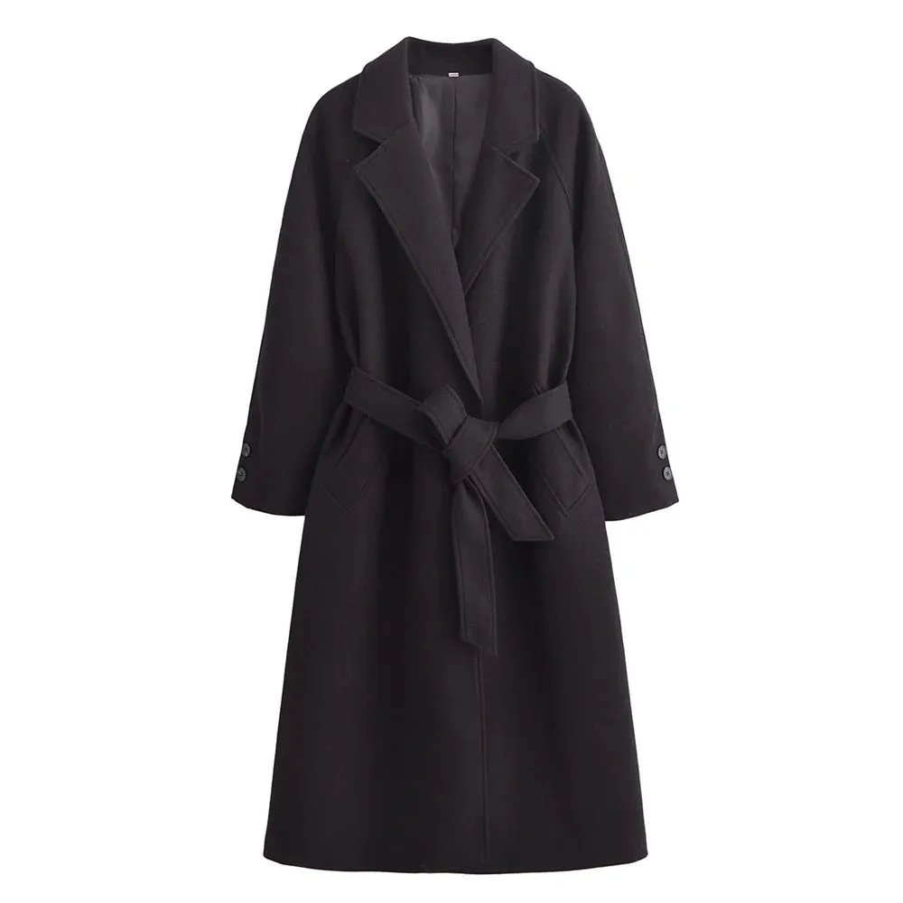 Belted Solid Color Coat for Women – Autumn/Winter Long Sleeve Lapel Coat