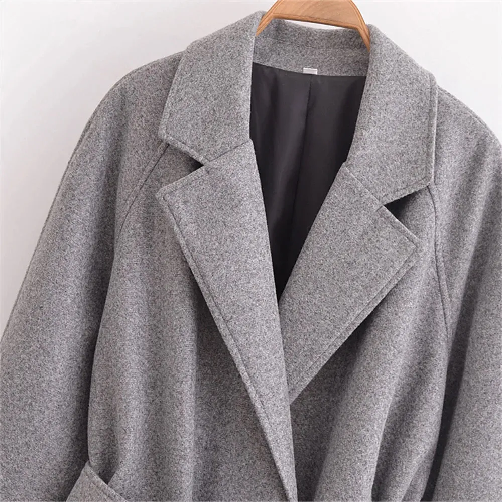 Belted Solid Color Coat for Women – Autumn/Winter Long Sleeve Lapel Coat