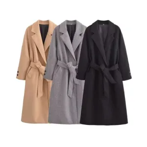 Belted Solid Color Coat for Women – Autumn/Winter Long Sleeve Lapel Coat