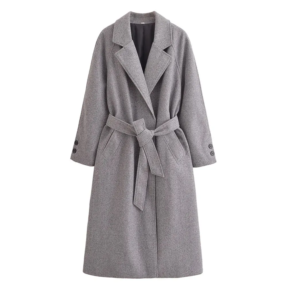 Belted Solid Color Coat for Women – Autumn/Winter Long Sleeve Lapel Coat