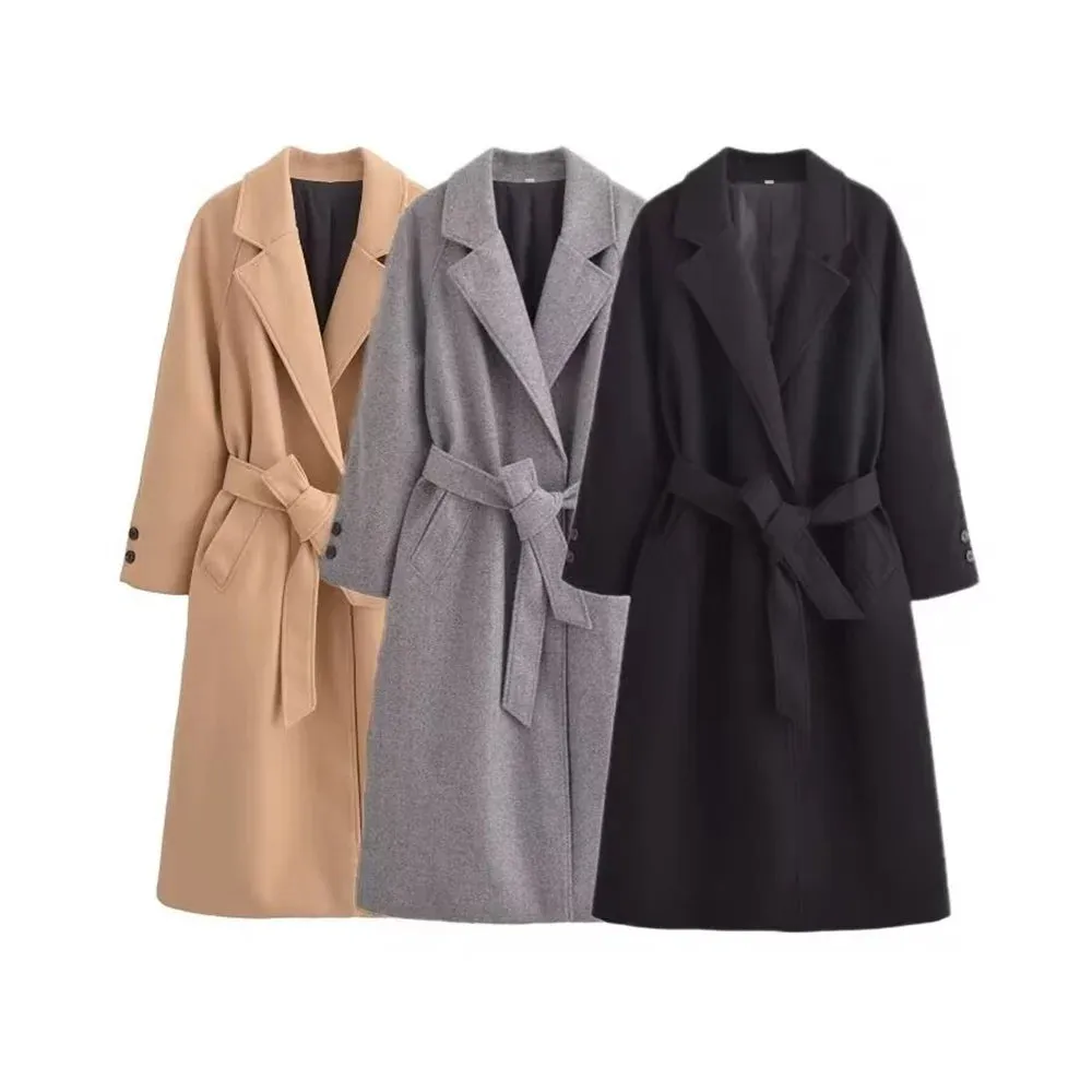 Belted Solid Color Coat for Women – Autumn/Winter Long Sleeve Lapel Coat
