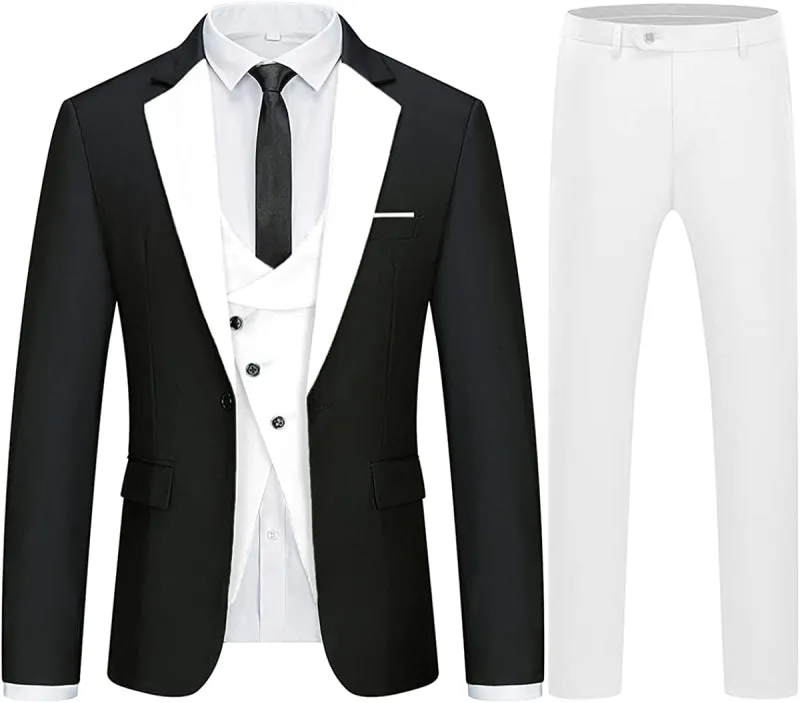 Black And White Peaked Lapel Three Pieces Prom Suits 3 Piece Slim Fit Suit for Men Formal Business Suit