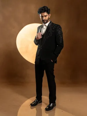 Black Floral Designed 3-Piece Suit with Matching Blazer Coat