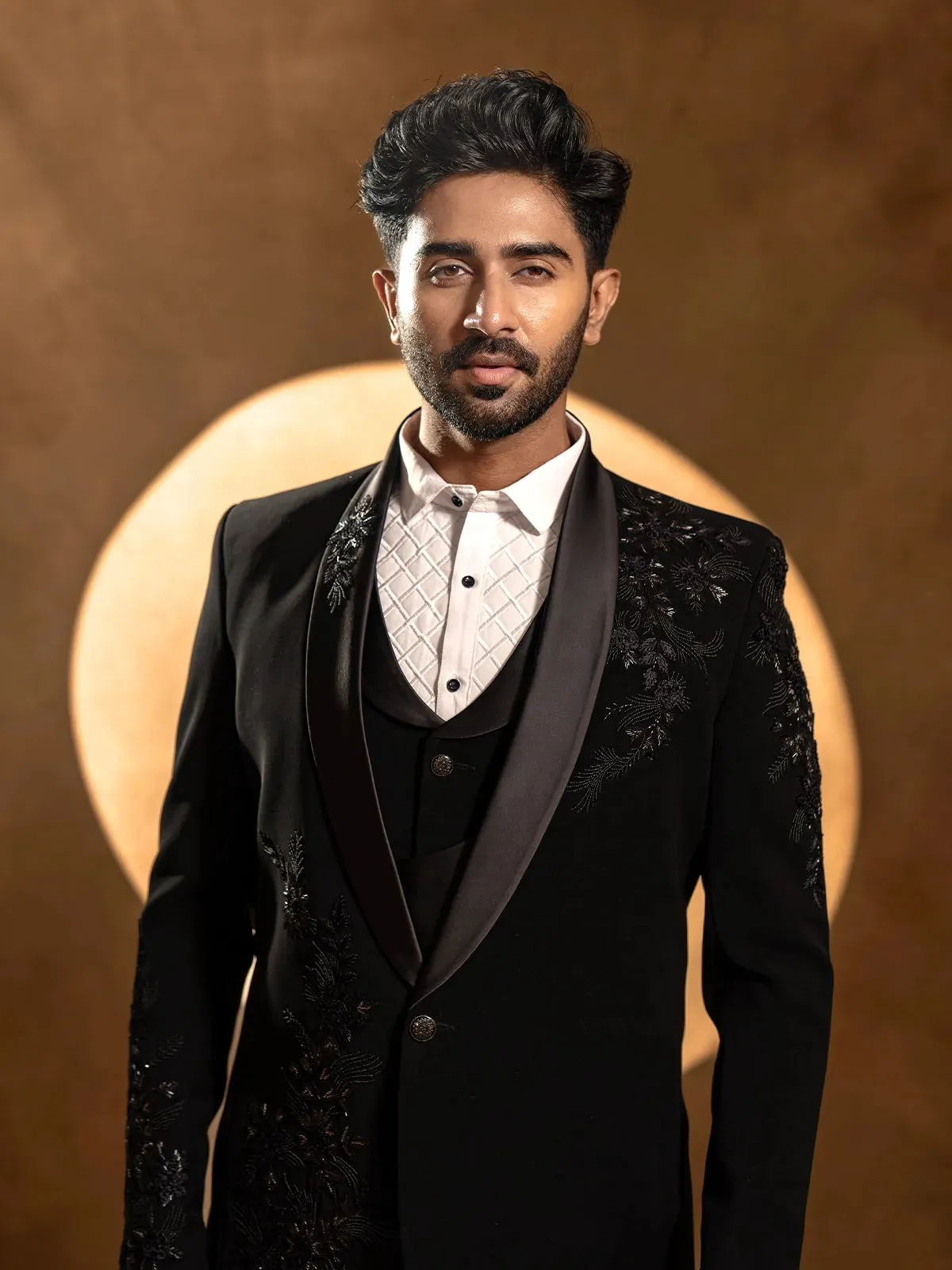 Black Floral Designed 3-Piece Suit with Matching Blazer Coat