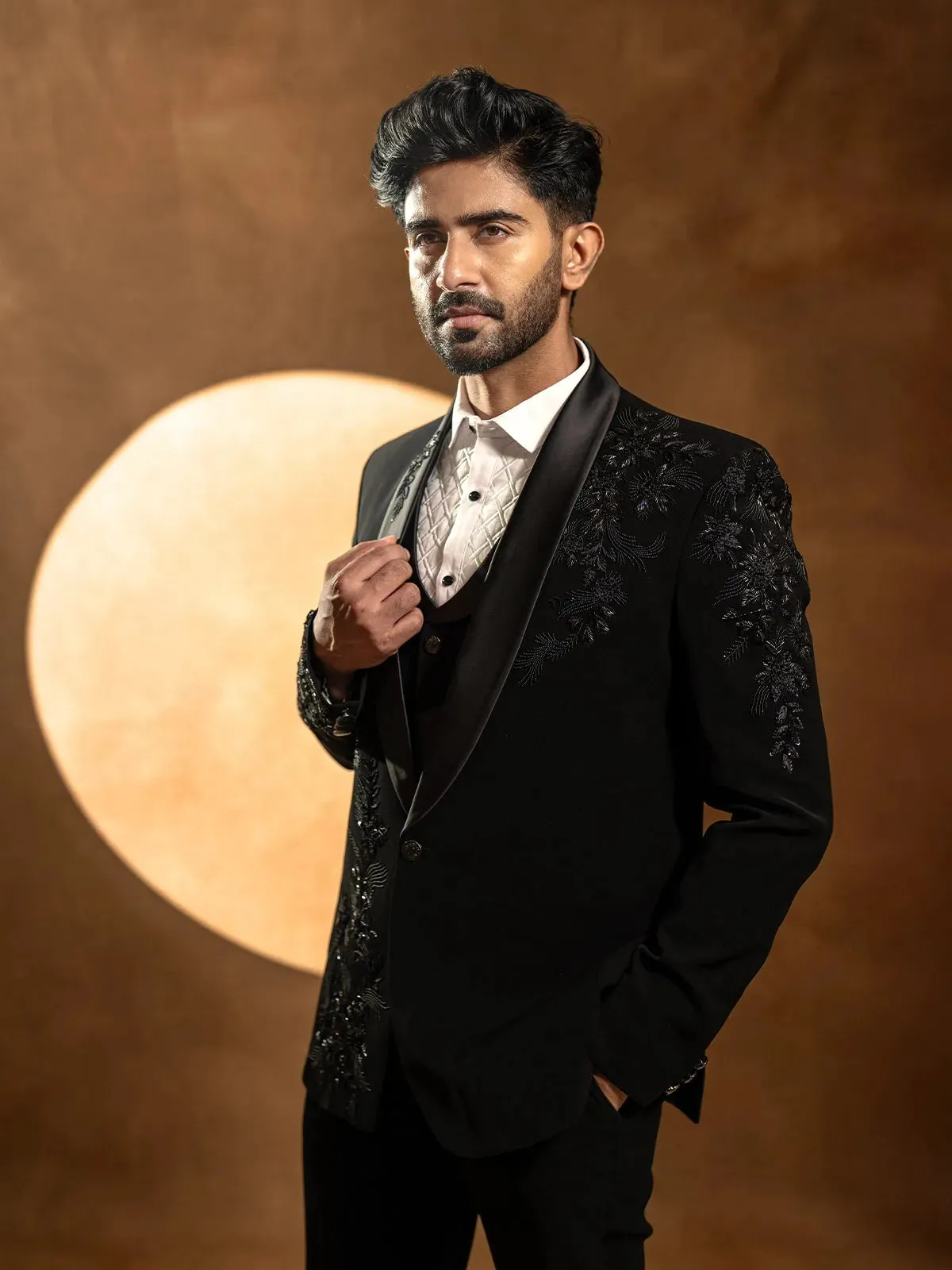 Black Floral Designed 3-Piece Suit with Matching Blazer Coat