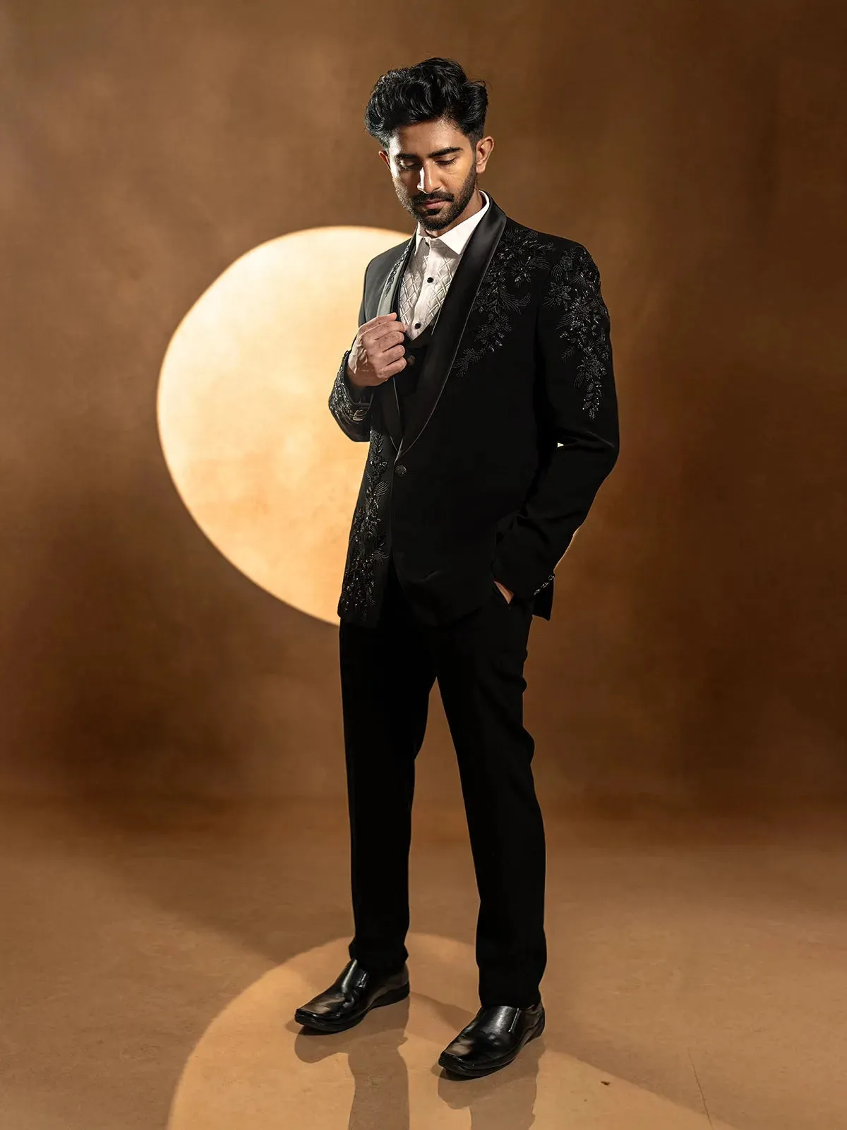 Black Floral Designed 3-Piece Suit with Matching Blazer Coat