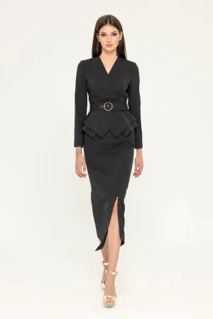 Black Office Suit (Long Sleeve Jacket & Pencil Skirt) with Belt