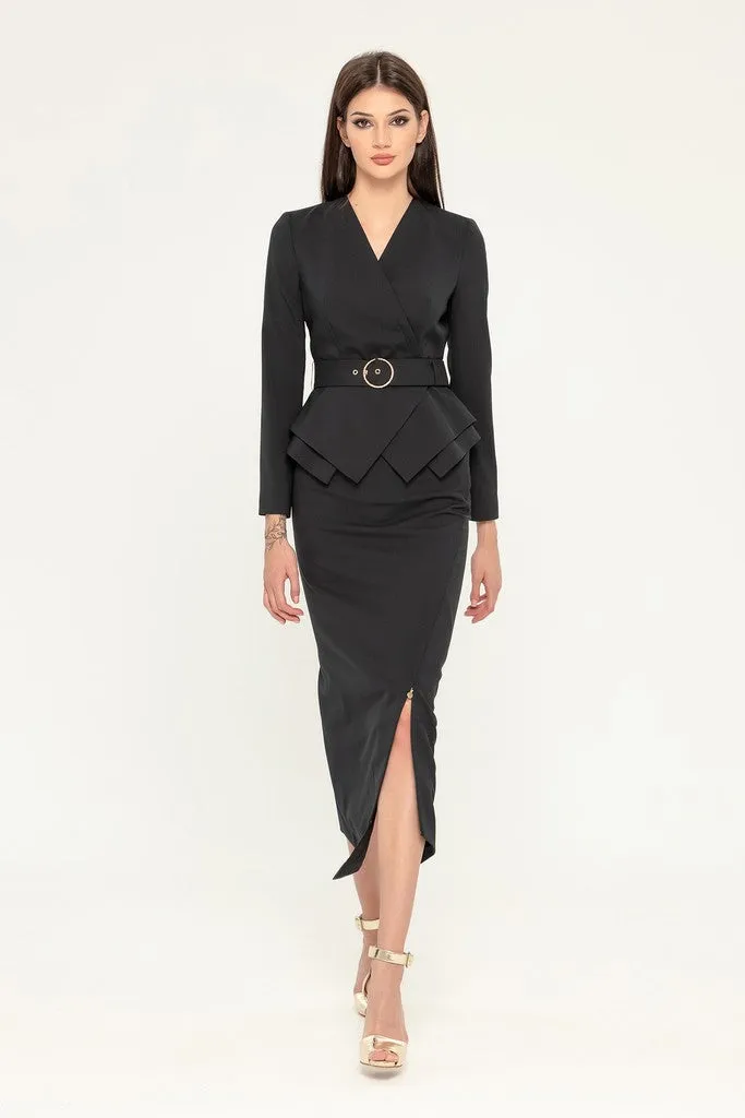 Black Office Suit (Long Sleeve Jacket & Pencil Skirt) with Belt